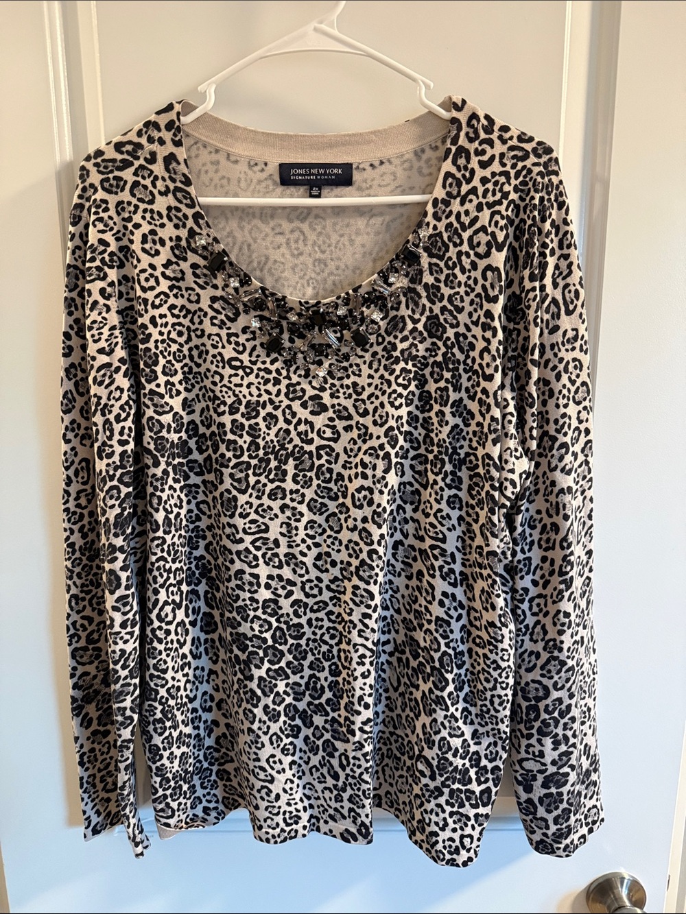 Jones New York Leopard Print Silk Nylon Blend Long Sleeve Top with Jewel Neck
